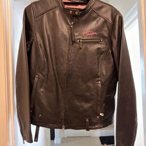 Harley-Davidson Black Leather Bomber Jacket with Pink Logo Accent